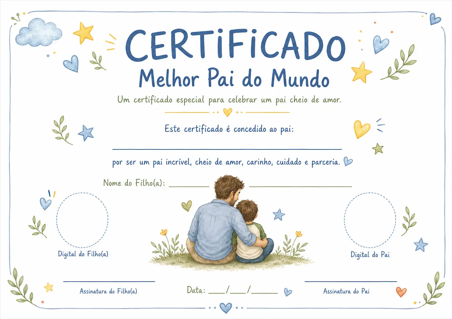 Capa do Certificado Melhor Pai do Mundo, com espaços para nome, digitais e assinaturas do pai e do filho