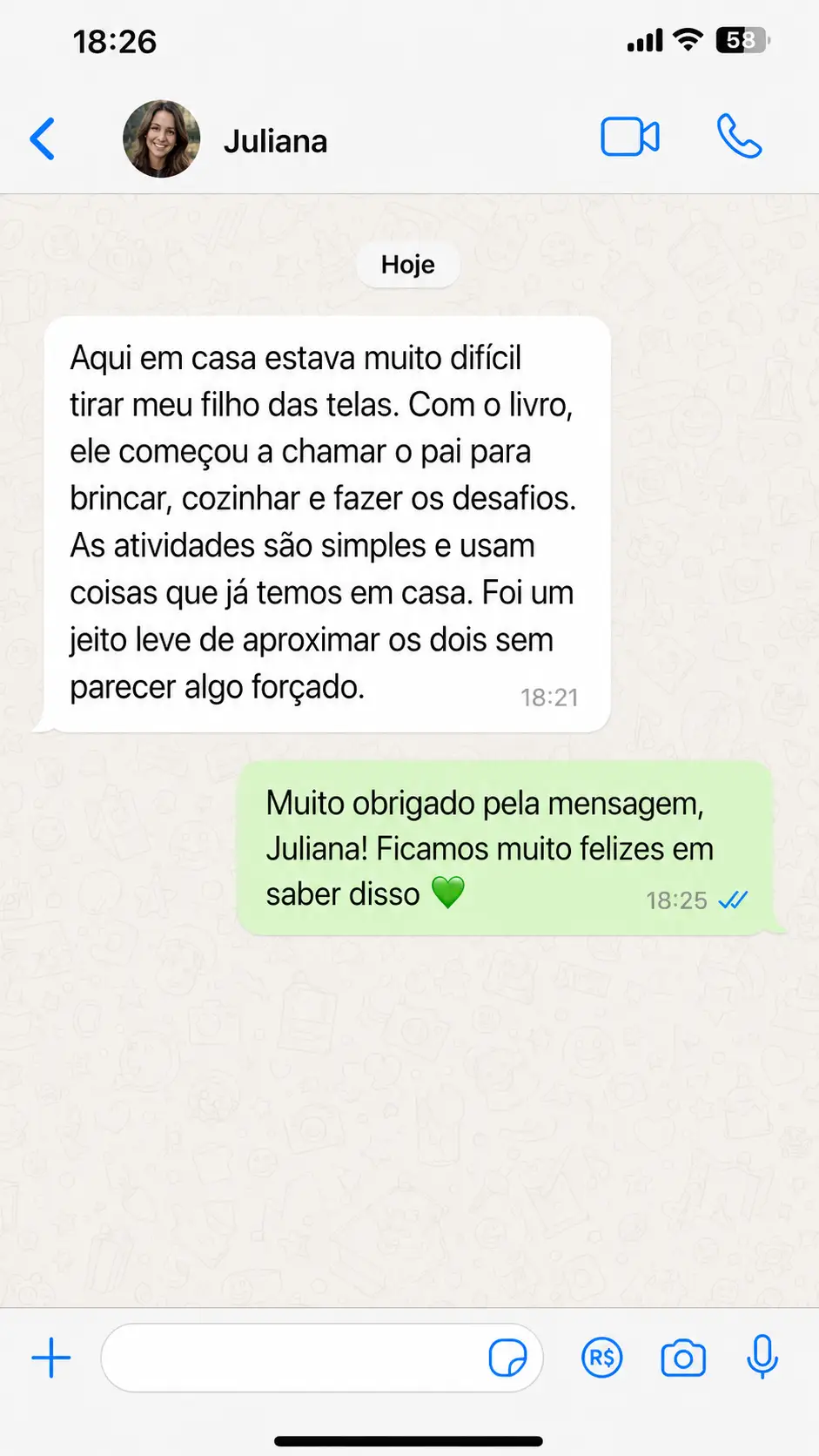 Conversa no WhatsApp: cliente conta que o filho passou a chamar o pai para brincar, cozinhar e fazer os desafios
