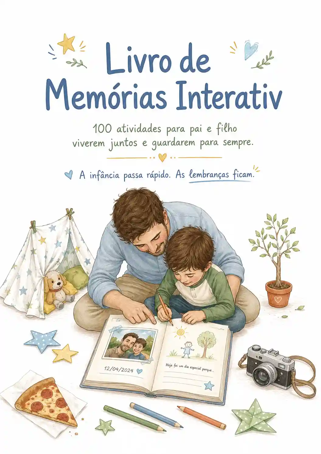 Capa do Livro de Memórias Interativo, com pai e filho escrevendo juntos no livro