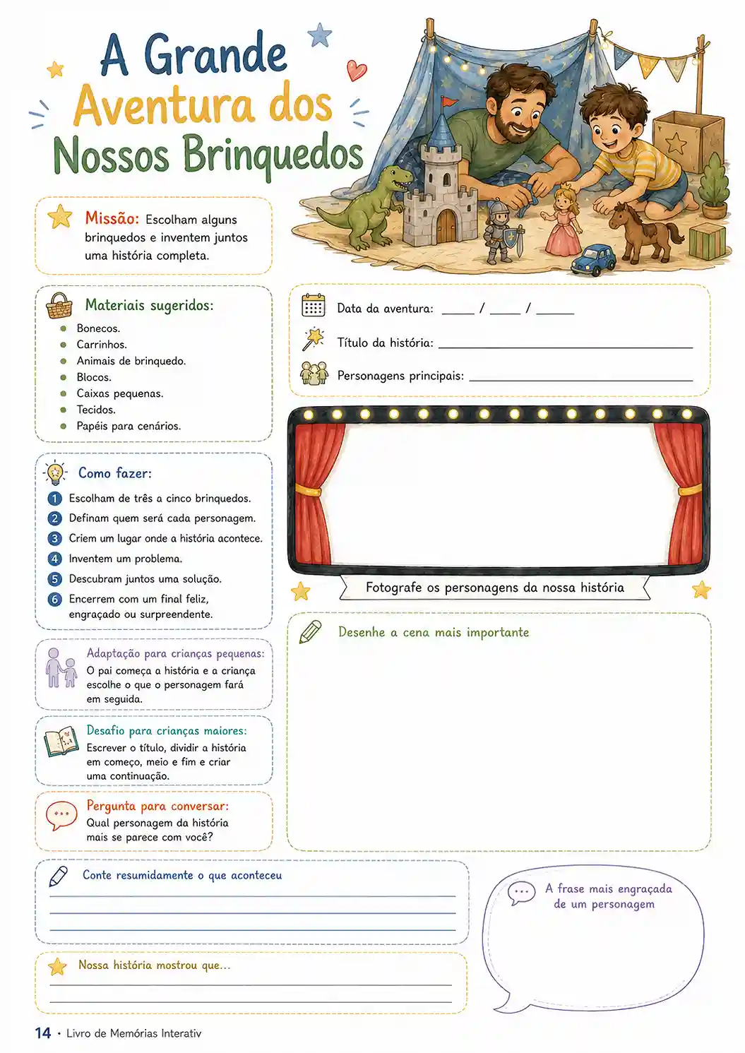 Atividade A Grande Aventura dos Nossos Brinquedos, com missão, materiais sugeridos e espaço para desenho e foto