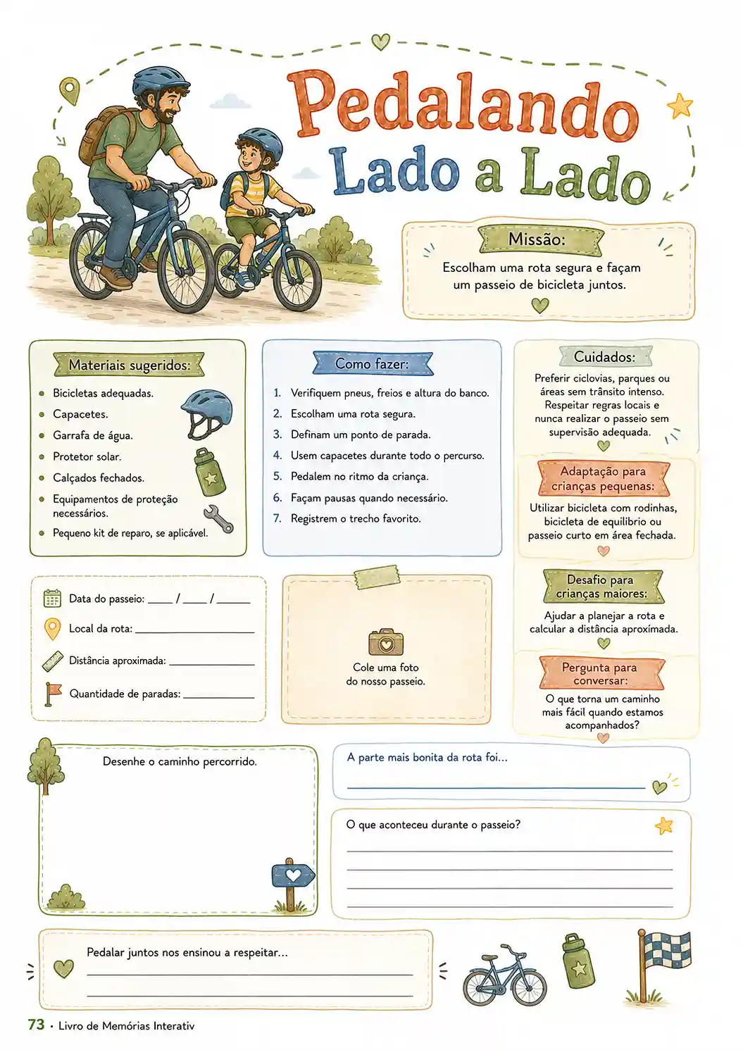 Atividade Pedalando Lado a Lado, com roteiro do passeio de bicicleta e espaço para registrar a rota
